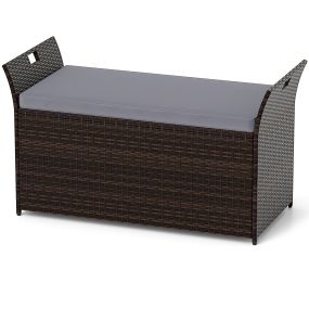Banco de Almacenamiento Exterior con Ratán PE Cojín y Manijas Laterales Banco de Patio para 2 Personas Caja para Piscina Terraza Jardín
