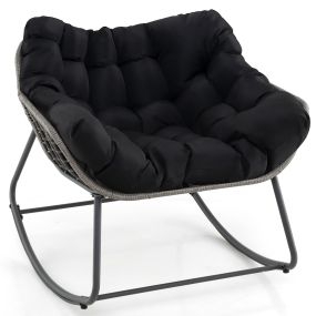 Silla Mecedora de Ratán para Exteriores Silla de Huevo de Mimbre PE con Cojín Grueso y Extraíble para Sala de Estar Balcón Jardín Negro