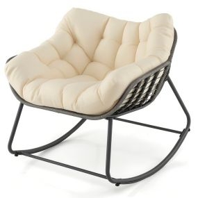 Silla Mecedora de Ratán para Exteriores Silla de Huevo de Mimbre PE con Cojín Grueso y Extraíble para Sala de Estar Balcón Jardín Crema