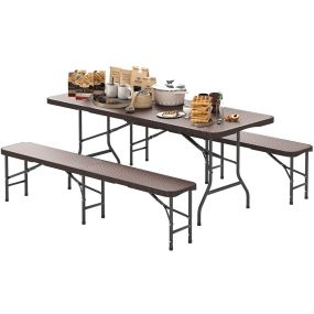 Mesa y 2 bancos para picnic de 180 cm con superficie de HDPE portátil para camping