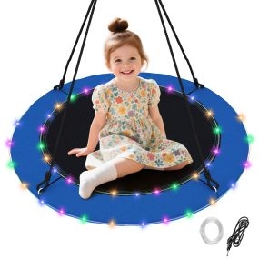 Columpio Nido Redondo Exterior con Luz LED 8 Modos Diámetro 100cm Cuerdas Ajustables Carga 300kg para Niños 3+ Patio Jardín Azul