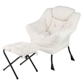 Sillón con Otomana Sillón de Ocio Moderno con Reposapiés Plegable Cojín de Cabeza Reposabrazos Silla Tapizada para Salón Dormitorio Beige