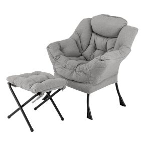 Sillón con Otomana Sillón de Ocio Moderno con Reposapiés Plegable Cojín de Cabeza Reposabrazos Silla Tapizada para Salón Dormitorio Gris