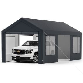 Cobertizo de Coche Refugio para Coche al Aire Libre con 8 Paredes Laterales Impermeable Portátil para SUV Camión Barco 595 x 300 CM Gris