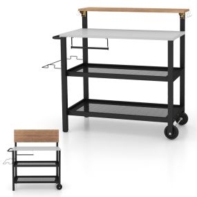 Carro con Mesa Plegable de Cocina Soporte Móvil para Horno de Pizza con Ganchos Carro para Parrilla Exterior con Asa Plegable y Ruedas Negro