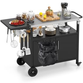 Carrito de parrilla con almacenamiento, isla de cocina exterior, 84 cm, encimera de acero inoxidable plegable, negro