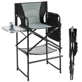Silla de Director de 116,5 cm de Altura con Mesa Auxiliar Plegable y Reposapiés Portavasos Negro y Gris