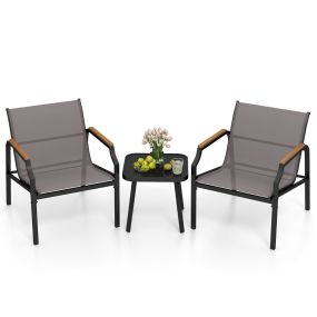 Conjunto de Sillas de Exterior de 3 Piezas Sillas con Estructura de Metal y Mesa con Asiento de Tela y Reposabrazos de Madera-Plástico Gris