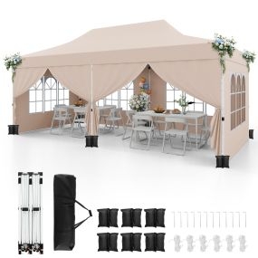 Toldo de 600 x 300 cm con 6 Paredes Laterales Desmontables Carpa con Bolsa de Transporte Dosel Emergente para Fiestas Barbacoa Beige