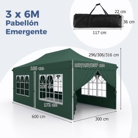 Toldo 600 x 300 cm con 6 paredes laterales desmontables y bolsa de transporte verde