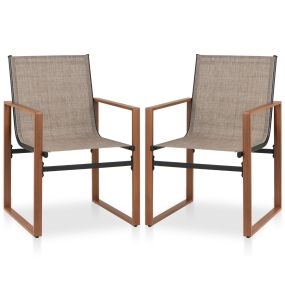 Juego de 2 sillas de comedor de patio con respaldo, asiento transpirable, reposabrazos y estructura metálica, tela, marrón