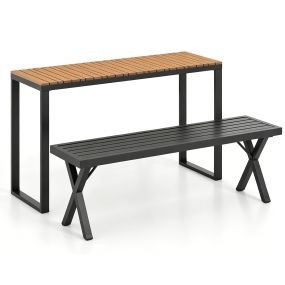 Set de mesa y banco para patio con mesa de WPC antideslizante y banco de metal con patas en X
