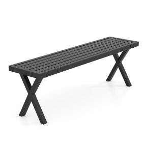 Banco de metal para patio de 2 personas con asiento de listones y patas en X negro 138 x 36 x 46 cm