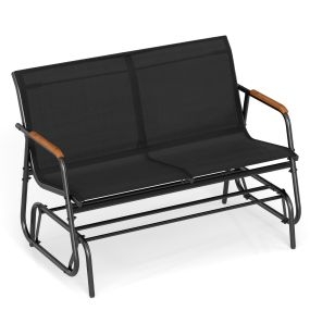 Banco Deslizante Mecedora 2 Personas Curvo Teca Transpirable Metal Carga 300kg Exterior Porche Piscina Negro