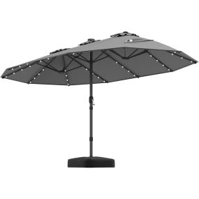 Sombrilla de doble cara 470 cm con base y 48 luces LED panel solar gris