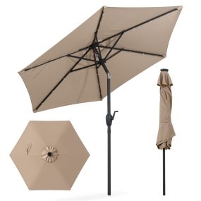Parasol con luces LED solares e inclinación con botón 230 x 230 x 225 cm marrón claro