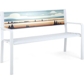 Banco de Jardín Banco de Metal para Patio de 2 Plazas con Respaldo Decorativo Asiento de Listones Reposabrazos Sillón para 2 Personas Blanco