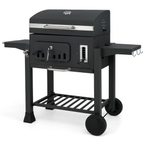 Barbacoa de carbón XXL portátil con tapa, 2 mesas laterales plegables, 3 ganchos, 2 ruedas y abridor de botellas, 132 x 57 x 106 cm, negro