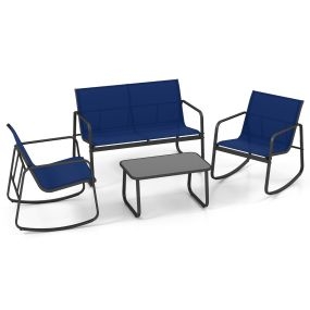 Muebles Jardín Exterior 4 Piezas 2 Mecedoras y Sofá de 2 Plazas con Mesa con Tapa de Cristal Conjunto Jardín Exterior Azul Marino