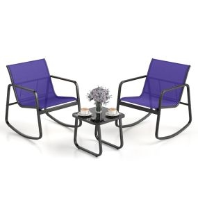 Set de 3 Piezas Balancín para Patio 2 Sillas de Bistro y Mesa Baja de Cristal con Tejido de Malla Transpirable Azul Marino
