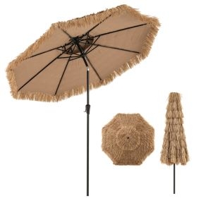 Sombrilla 247 cm de Estilo Hawaiano con 8 Varillas Tela Resistente al Sol y Paja Artificial PE Inclinación de 35° Parasol para Playa Patio