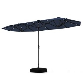 Sombrilla Exterior Doble 4 x 2 m Parasol Terraza Exterior con Luces Solares Manivela y Base de Sombriila para Piscina Azul Marino