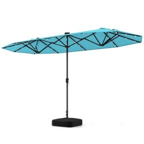 Sombrilla Exterior Doble 4 x 2 m Parasol Terraza Exterior con Luces Solares Manivela y Base de Sombriila para Piscina Turquesa