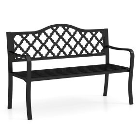 Banco de Patio de 128 cm Banco de Jardín de Metal con Listones para 2-3 Personas con Reposabrazos Curvados Asiento para Porche Piscina Negro