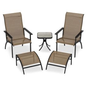Juego de Muebles de Jardín de 5 Piezas Sillas Ergonómicas con Reposapiés que Ahorran y Mesa Auxiliar Eestructura de Metal para Patio Piscina