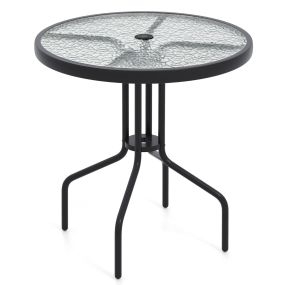 Mesa de Comedor para Patio de 70 cm Mesa Redonda de Bistró con Estructura Metálica y Superficie de Vidrio Templado con Agujero para Sombrilla