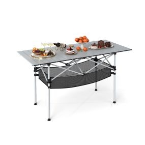 Mesa de camping plegable de aluminio con cesta de malla y bolsa de transporte 119 x 55 x 69 cm plata