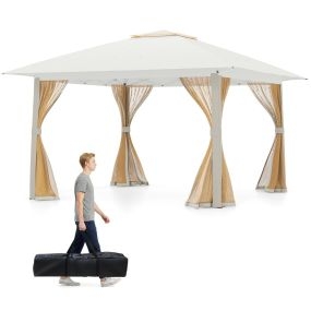 Carpa plegable 394x394 cm gazebo portátil con techo doble y malla beige con bolsa de transporte