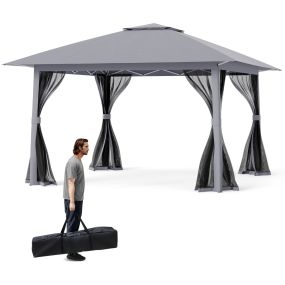 Carpa plegable 394x394 cm gazebo portátil con techo doble y malla gris con bolsa de transporte