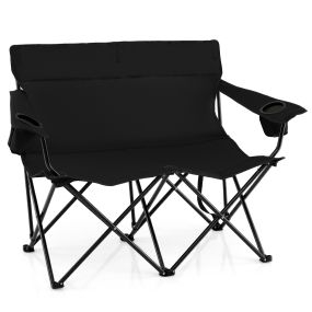 Silla de camping 2 plazas con portavasos, reposabrazos y bolsa de transporte, negro