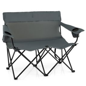 Silla de camping de 2 plazas con portavasos, reposabrazos y bolsa de transporte, gris