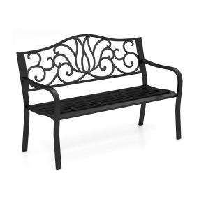 Banco de Metal para 2 Personas Mueble de Patio con Patrón Floral Respaldo Inclinado Superficie Ranurada Banco de Patio Exterior Negro