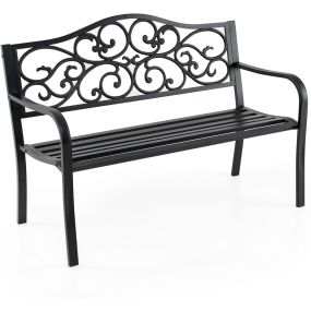 128 cm Banco de Jardín Banco de Patio de Metal de Hierro Fundido con Respaldo de Diseño Floral Reposabrazos y Asiento de Listones Negro
