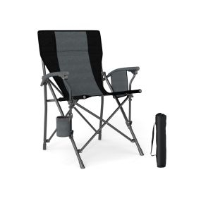 Silla de camping plegable con portavasos, bolsillo lateral y reposabrazos acolchados, negro y gris