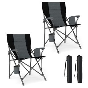 Juego de 2 sillas de camping plegables con portavasos, bolsillo lateral y reposabrazos acolchados, negro y gris, 59 x 63 x 89 cm