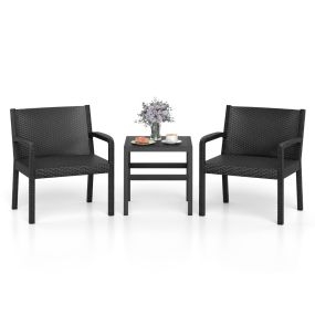 Conjunto de Muebles de Patio de 3 Piezas Conjunto de Conversación al Aire Libre con 2 Sillón de Ratán y Mesa Auxiliar de Ratán PP Negro