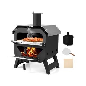 Horno para Pizza al Aire Libre con Piedra para Pizza Bandeja y Techo de Acero Inoxidable para Camping 45 x 43 x 61 cm Negro