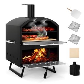 Horno de pizza exterior portátil de 2 capas con piedra, pala y rejillas, 61 x 53 x 83 cm, negro