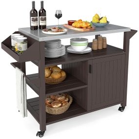 Carrito con ruedas para barbacoa con tapa de acero inoxidable y armario 116 x 50 x 87 cm marrón