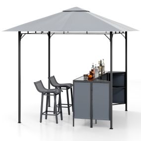 Set de bar de patio de 3 piezas con gazebo, 2 taburetes y mesa de vidrio templado con estante de almacenaje