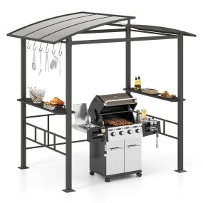 Gazebo de parrilla de techo duro 248 x 150 cm con techo ventilado de policarbonato y estantes laterales de metal