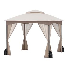 Toldo para patio 300 x 300 cm con paredes de red, techo doble, 4 sacos de arena, caqui