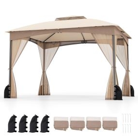Pérgola de patio 365x300 cm con paredes de malla, estructura de metal resistente y puertas con cremallera caqui