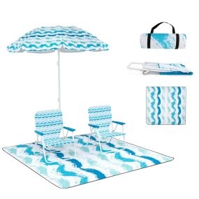 Juego de Sombrilla de Playa con 2 Sillas Plegables y Manta de Picnic Parasol Portátil de Exterior con Mecanismo de Inclinación Azul