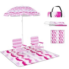 Juego de Sombrilla de Playa con 2 Sillas Plegables y Manta de Picnic Parasol Portátil de Exterior con Mecanismo de Inclinación Rosa