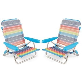 Juego de 2 Sillas de Playa para Adultos Silla Plegable Reclinable de 5 Posiciones con Reposabrazos Correa de Transporte